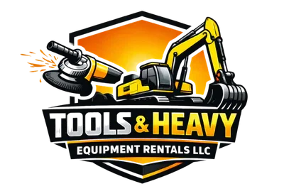 Logo with a yellow excavator and a power tool in front of a glowing orange hexagon. Below the machinery, "TOOLS & HEAVY" appears in bold yellow and gray—perfect for equipment rental St. Lucie & Orange County, FL.