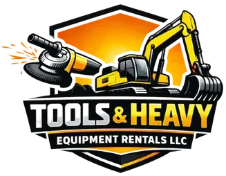Logo with a yellow excavator and a power tool in front of a glowing orange hexagon. Below the machinery, "TOOLS & HEAVY" appears in bold yellow and gray—perfect for equipment rental St. Lucie & Orange County, FL.